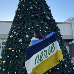 Aerie Striped Fuzzy Sherpa Lumited Edition Blanket, Yellow, White, Blue 50x60